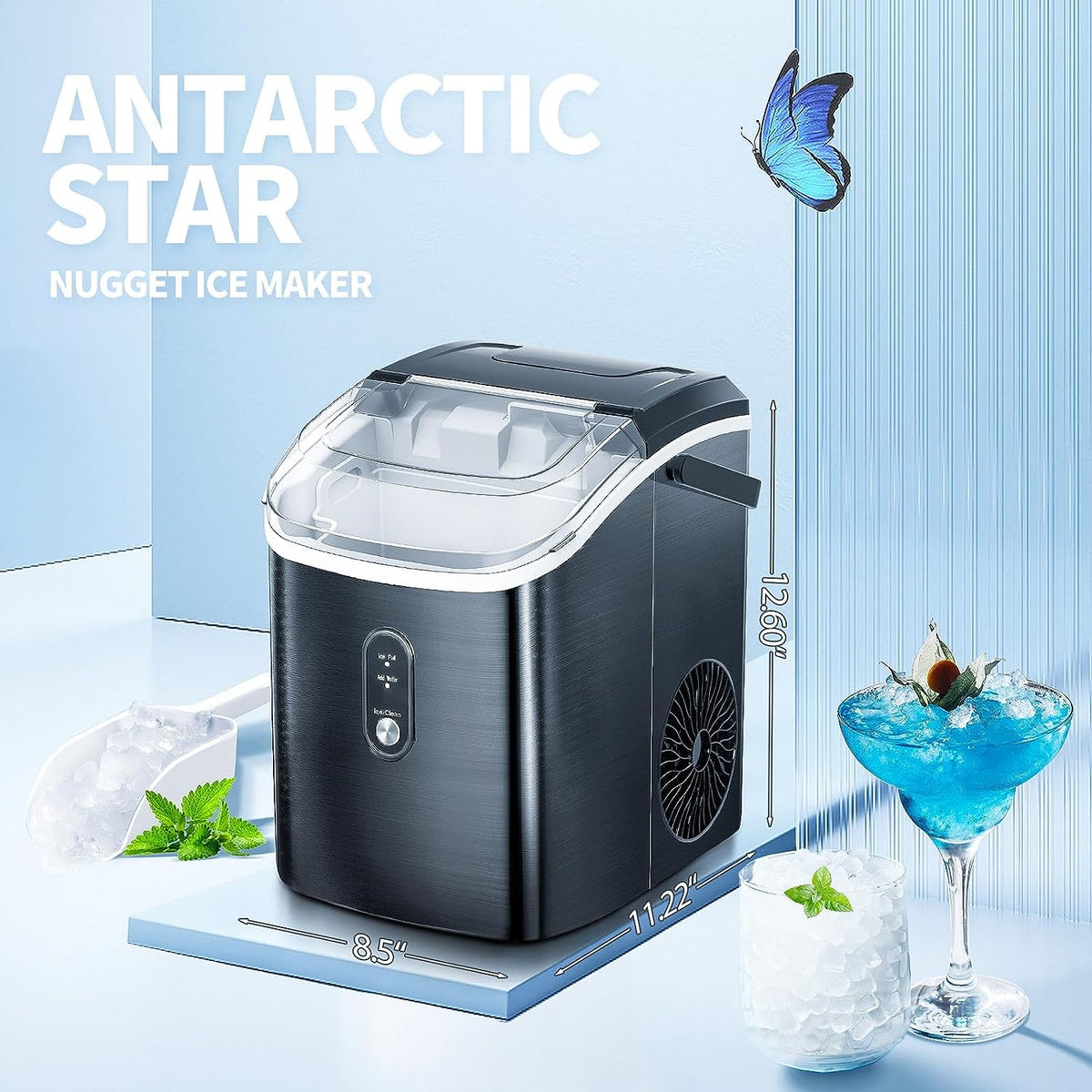 Nugget Countertop Ice Maker with Soft Chewable Pellet Ice, Pebble Portable Ice Machine, 34Lbs per Day, Self-Cleaning, Sonic Ice, One-Click Operation, for Kitchen,Office Stainless Steel Black