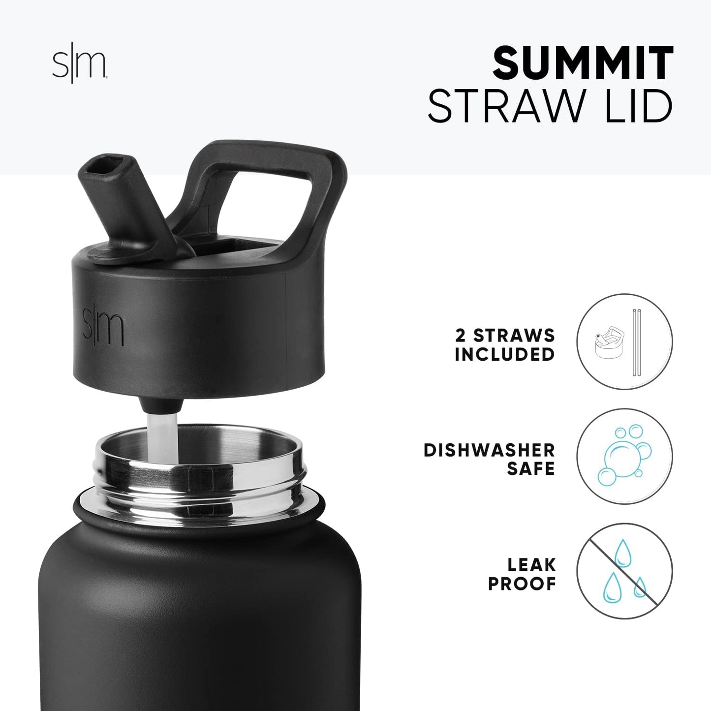 Water Bottle with Straw Lid Vacuum Insulated Stainless Steel Metal Thermos Bottles | Reusable Leak Proof Bpa-Free Flask for Gym Sports | Summit Collection | 22Oz, Midnight Black