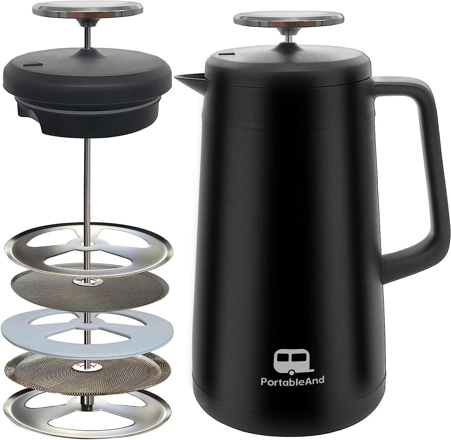 34Oz Double Vacuum Insulation Large Silicone French Press Coffee Maker, 5-Level Filtration, Metal Stainless Steel, Matte Black, Perfect for Camping, Travel, and At-Home Use