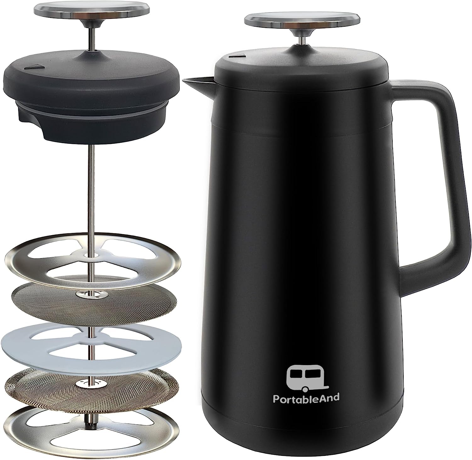 34Oz Double Vacuum Insulation Large Silicone French Press Coffee Maker, 5-Level Filtration, Metal Stainless Steel, Matte Black, Perfect for Camping, Travel, and At-Home Use