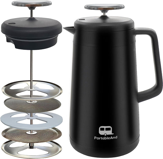34Oz Double Vacuum Insulation Large Silicone French Press Coffee Maker, 5-Level Filtration, Metal Stainless Steel, Matte Black, Perfect for Camping, Travel, and At-Home Use