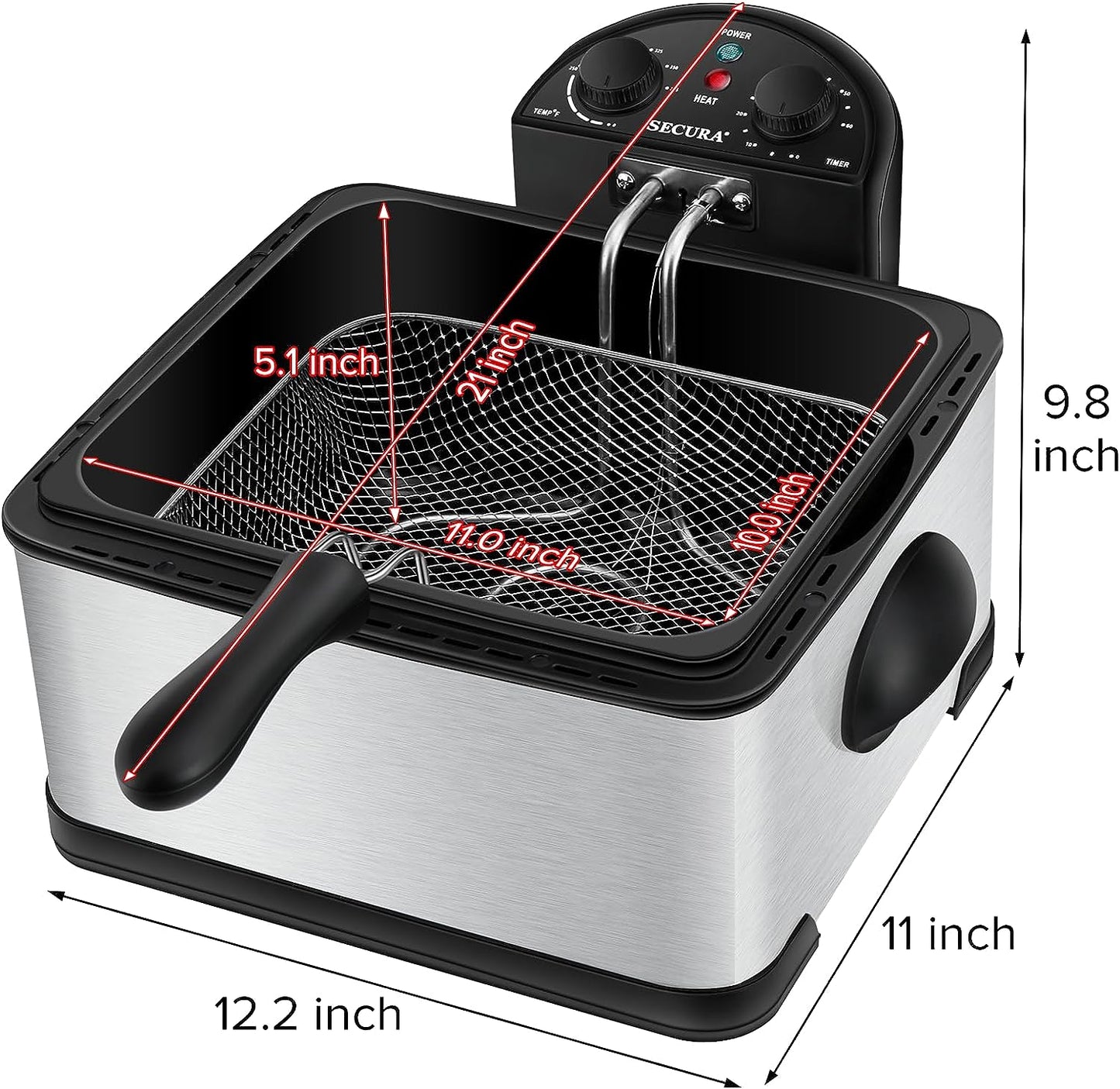 1700-Watt Stainless-Steel Triple Basket Electric Deep Fryer with Timer Free Extra Odor Filter, 4L/17-Cup