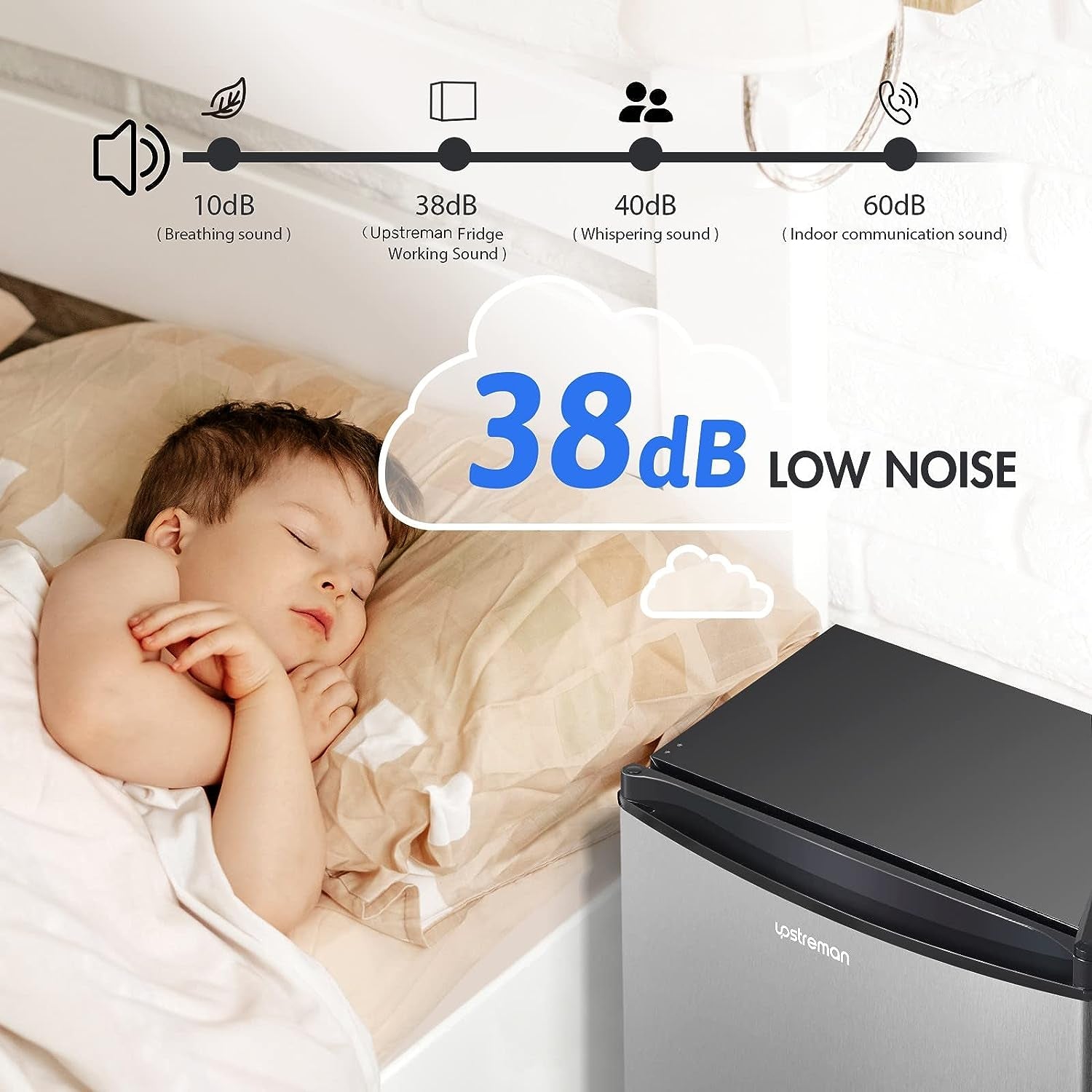 1.7 Cu.Ft Mini Fridge with Freezer, Adjustable Thermostat, Energy Saving, Low Noise, Single Door Compact Refrigerator for Dorm, Office, Bedroom, Stainless- FR17