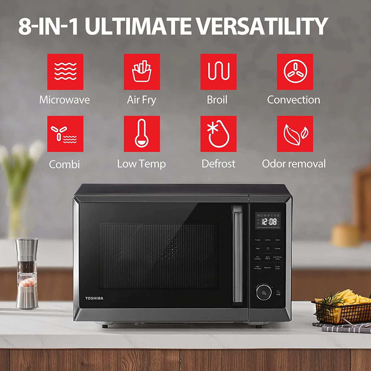 ML2-EC10SA(BS) 8-In-1 Countertop Microwave with Air Fryer Microwave Combo, Convection, Broil, Odor Removal, Mute Function, 12.4" Position Memory Turntable with 1.0 Cu.Ft, Black Stainless Steel