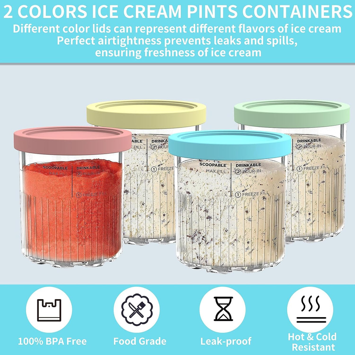 Replacement for Ninja Creami Pints and Lids - 4 Pack NC501, Compatible with Ninja NC501 NC500 Series Creami Deluxe Ice Cream Makers, Creami Pint Containers with Leak Proof Lids, Dishwasher Safe