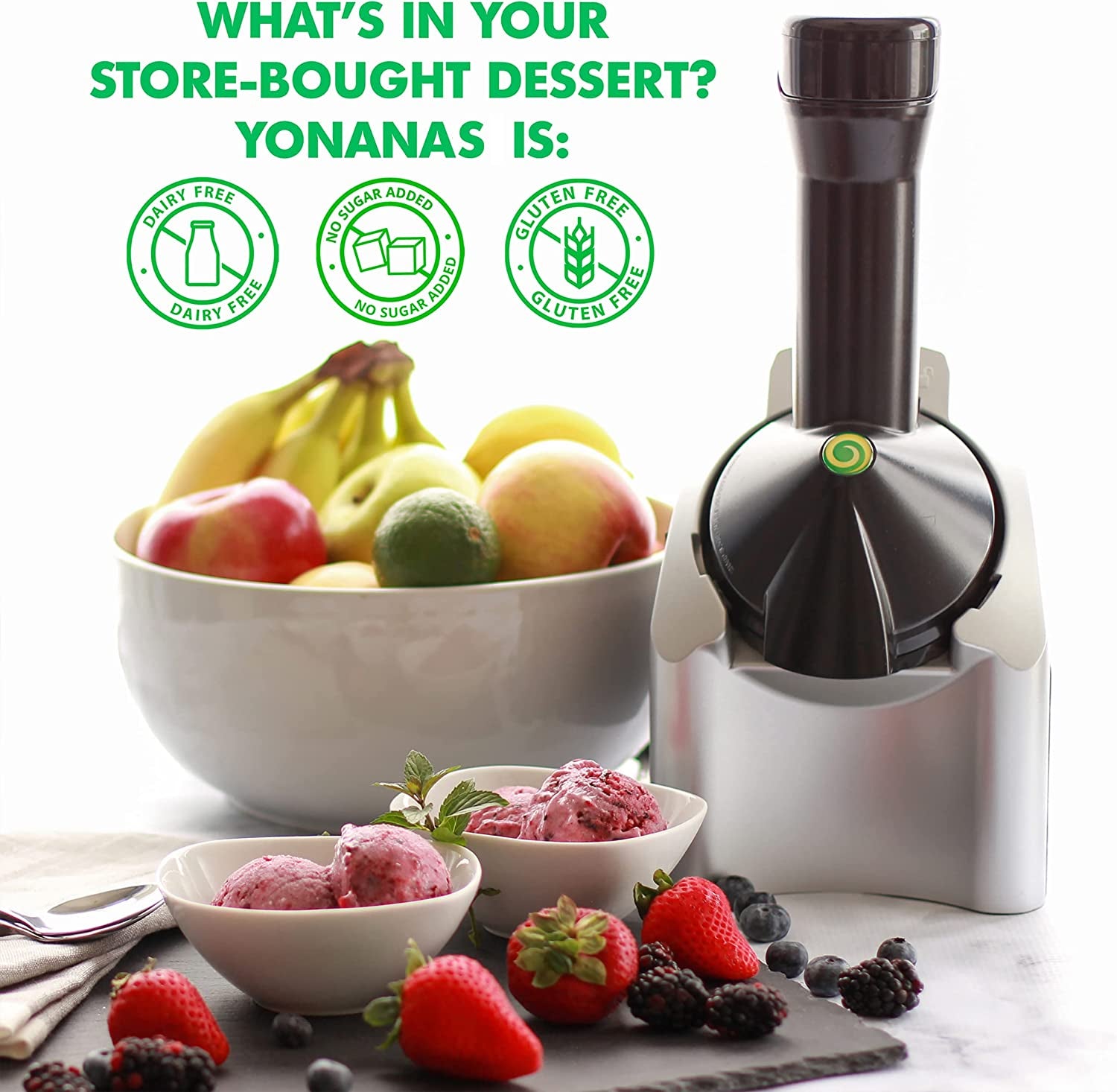 Yonanas 902 Classic Vegan, Dairy-Free Frozen Fruit Soft Serve Maker, Includes 36 Recipes, 200-Watts, Silver
