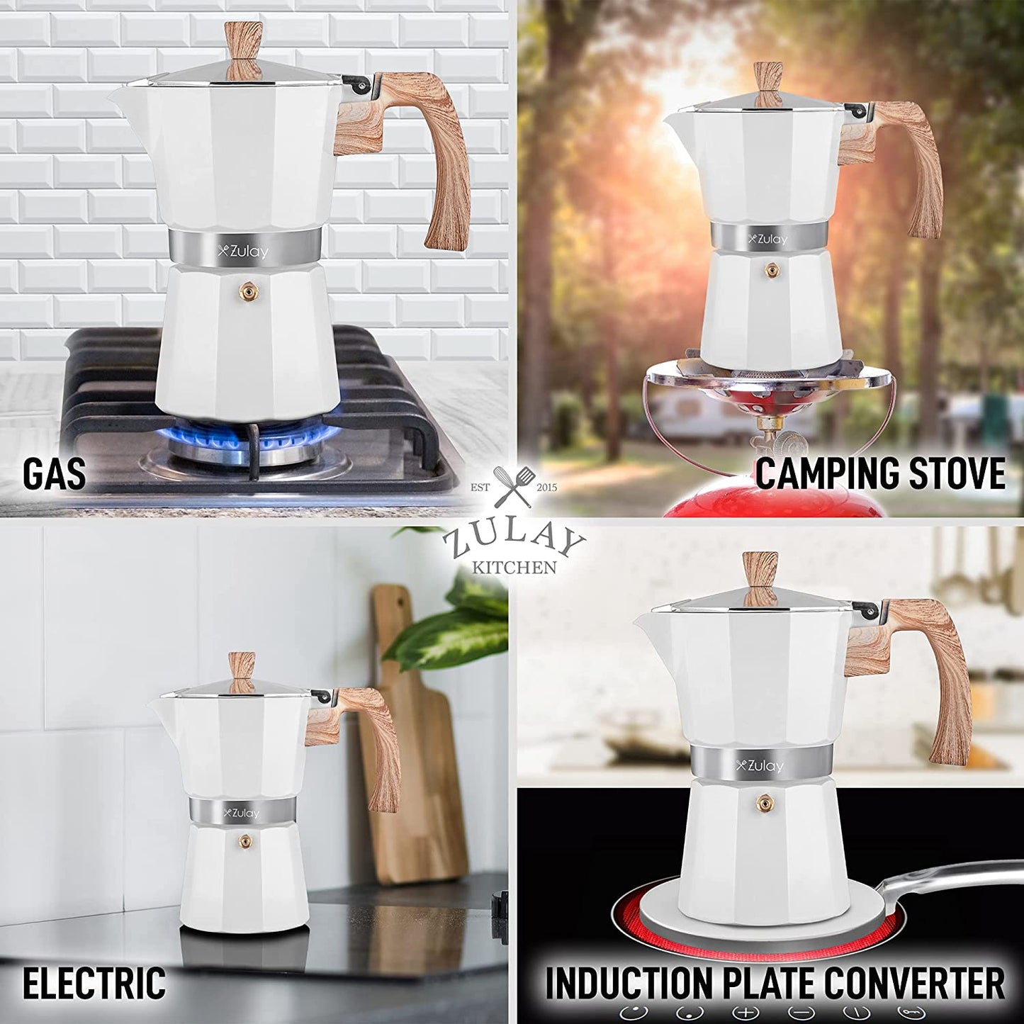 Zulay Classic Italian Style 5.5 Espresso Cup Moka Pot, Stovetop Maker for Great Flavored Strong Espresso, Makes Delicious Coffee, Easy to Operate & Quick Cleanup Pot (White)