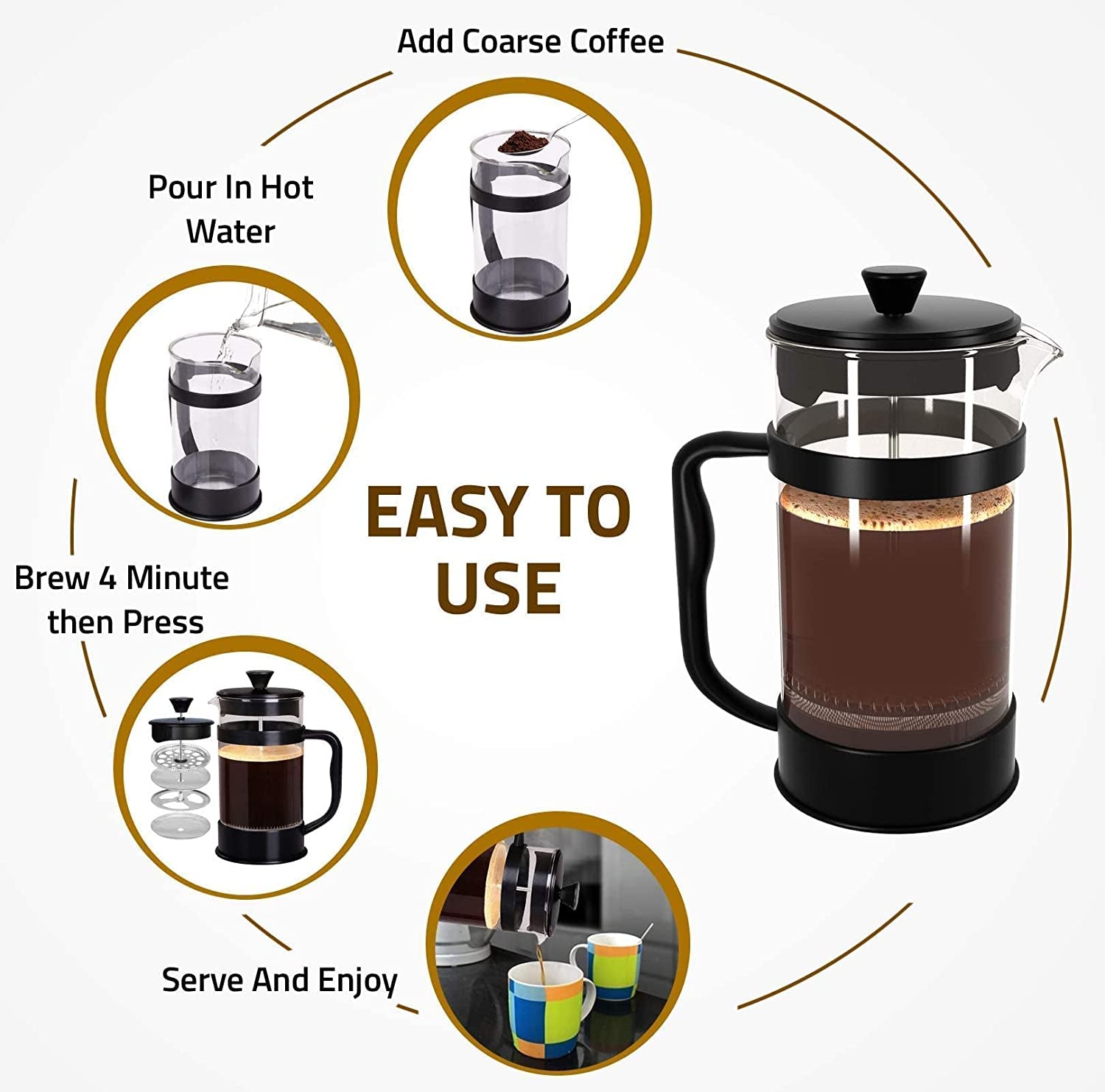 - French Press Coffee Maker, Espresso Tea and Coffee Maker with Triple Filters 34 Ounce, Stainless Steel Plunger and Heat Resistant Borosilicate Glass - Black