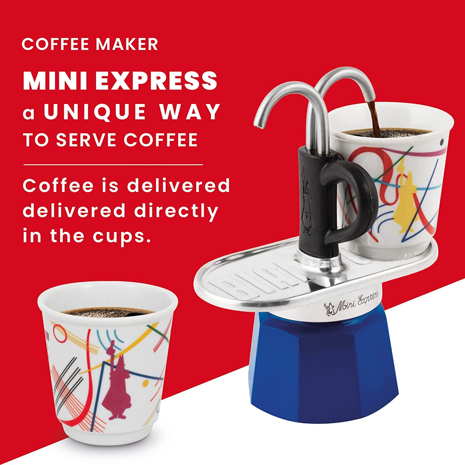 - Mini Express Kandinsky: Moka Set Includes Coffee Maker 2-Cups (2.8 Oz) + 2 Shot Glasses, Light Blue, Aluminum