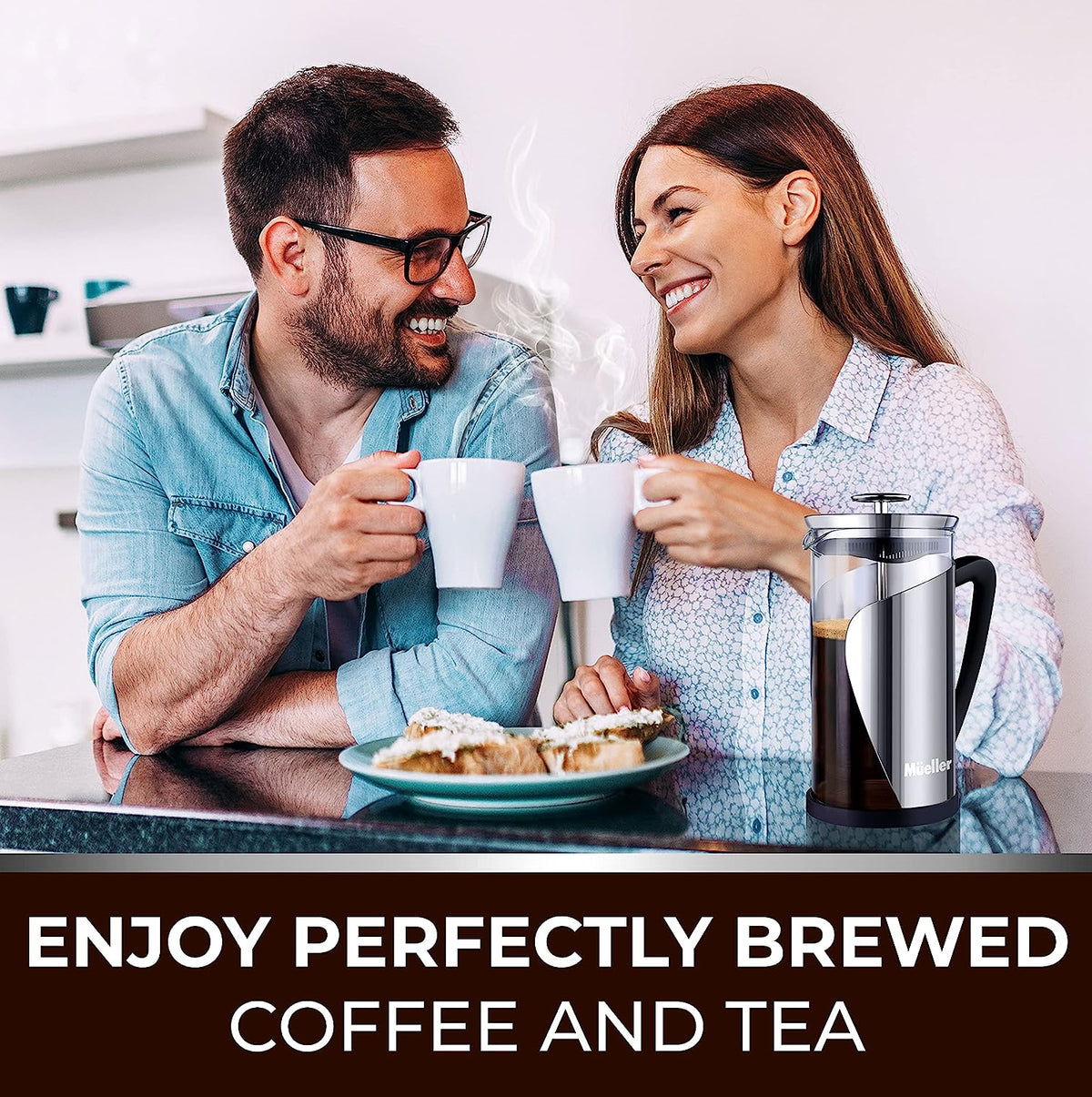 Mueller French Press Coffee, 20% Heavier Duty Stainless Steel Frame & Trumax Borosilicate Glass Coffee Press with 4 Level Filtration System, Easy Clean, 34Oz-8 Cups