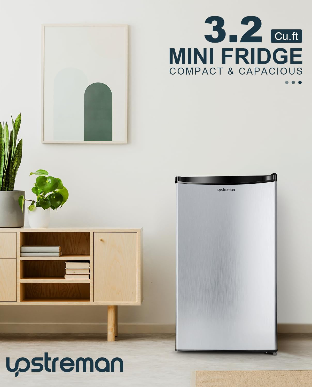 3.2 Cu.Ft Mini Fridge with Freezer, Single Door Mini Fridge, Adjustable Thermostat, Mini Refrigerator for Dorm, Office, Bedroom, Stainless Steel-Sr321