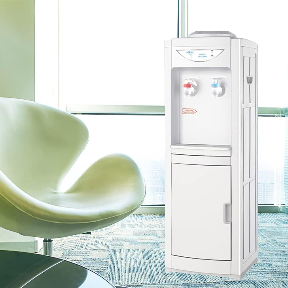 Water Cooler Dispenser 5 Gallon, Top Loading Water Dispenser Hot and Cold Water Dispenser with Storage Cabinet Child Safety Lock for Home Office, White