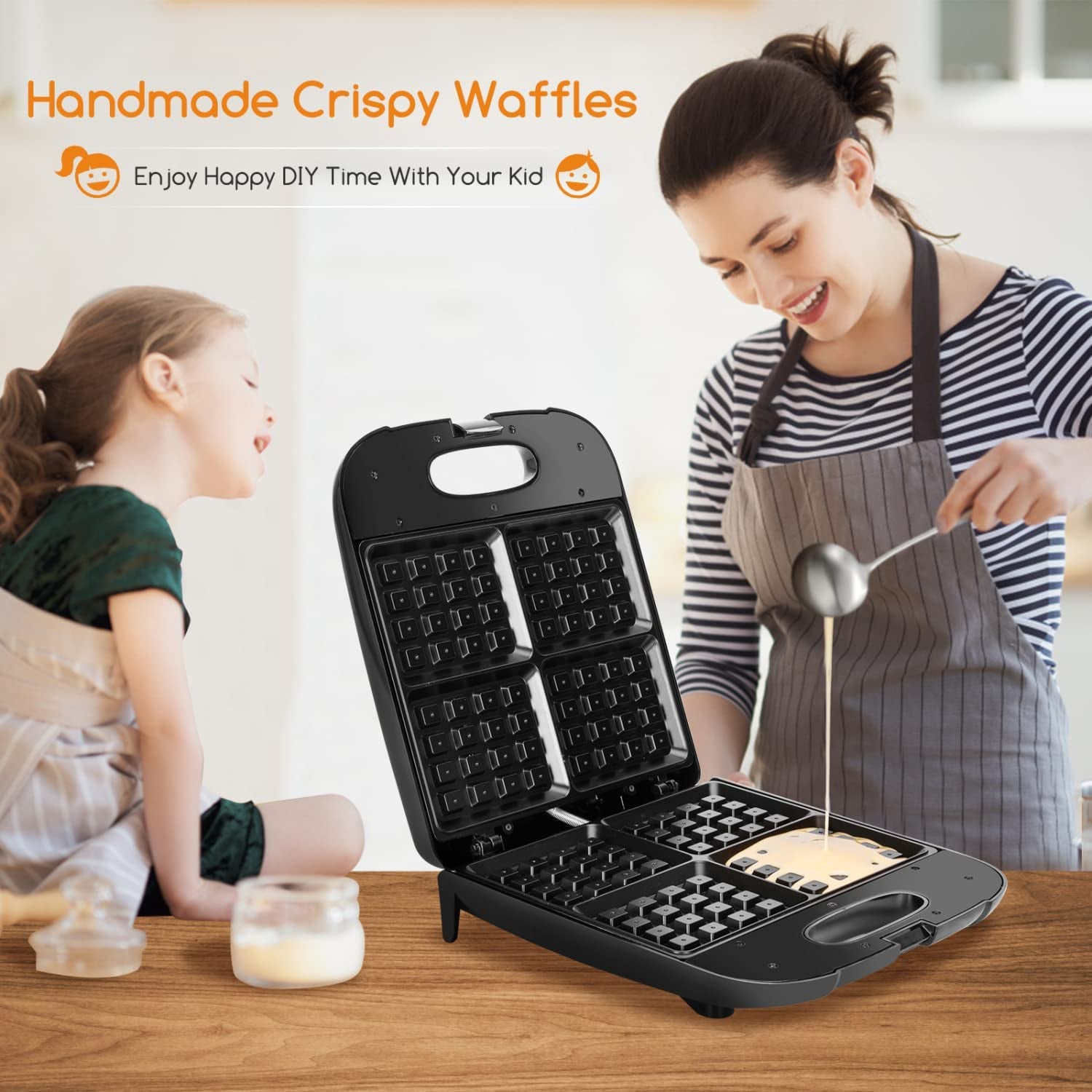 Waffle Maker, 4-Slice Nonstick Waffle Iron, 1400W Square Waffle Machine with Indicator Lights for Hash Browns, Snacks, Breakfast & Lunch, Easy to Clean, PFOA Free, ETL Certificated, Black
