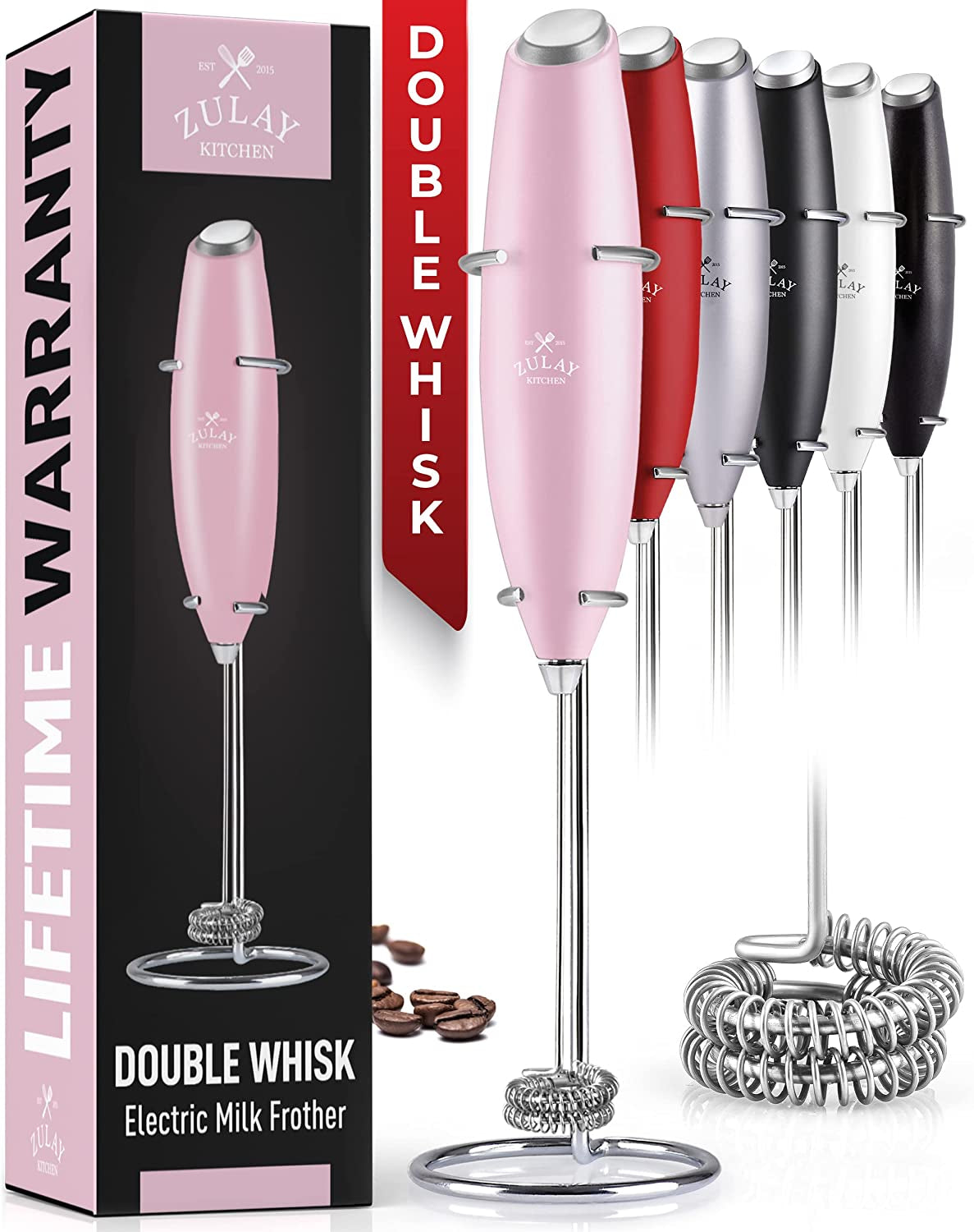 Zulay Double Whisk Milk Frother Handheld- High Powered for Coffee with Improved Motor - Electric Drink Mixer for Cappuccino, Frappe, Matcha & More, (Cotton Candy)