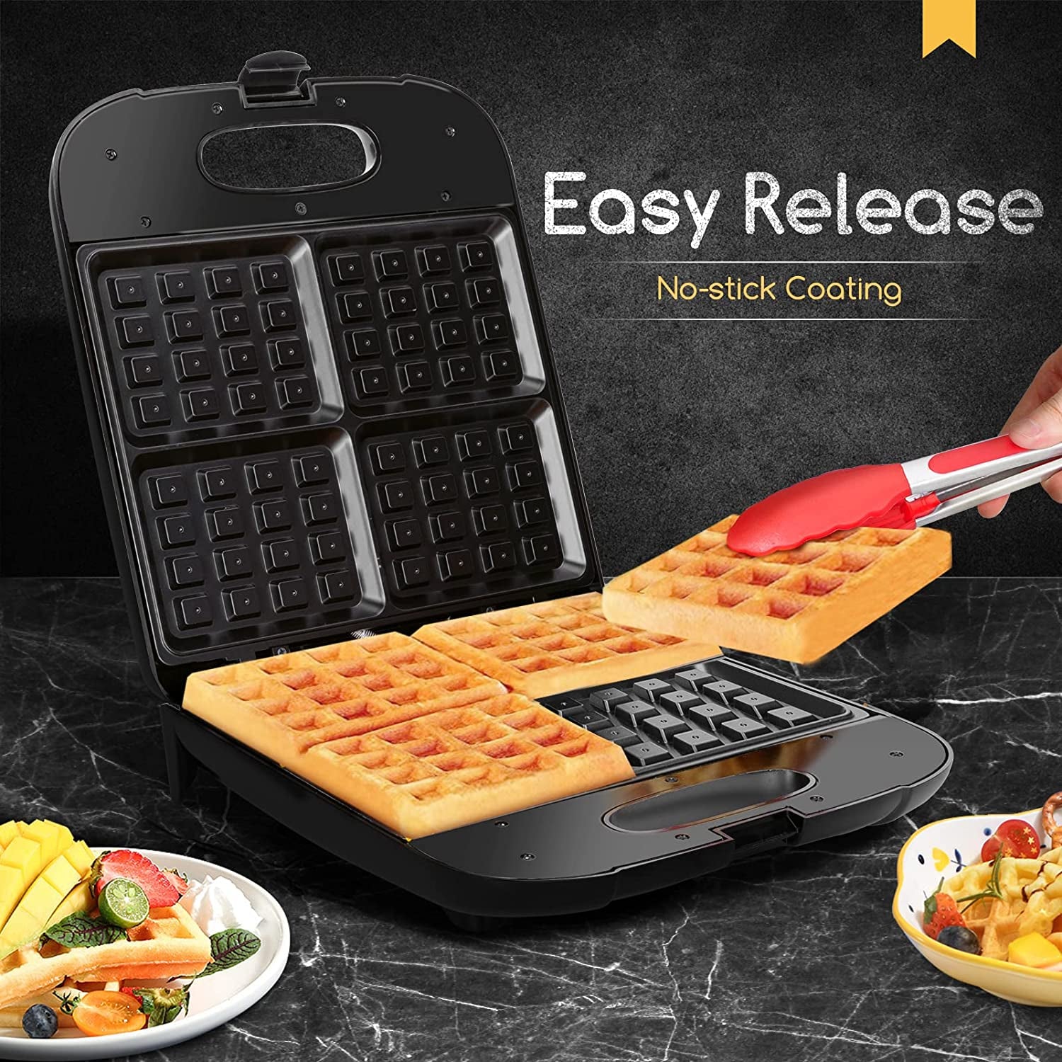 Waffle Maker, 4-Slice Nonstick Waffle Iron, 1400W Square Waffle Machine with Indicator Lights for Hash Browns, Snacks, Breakfast & Lunch, Easy to Clean, PFOA Free, ETL Certificated, Black