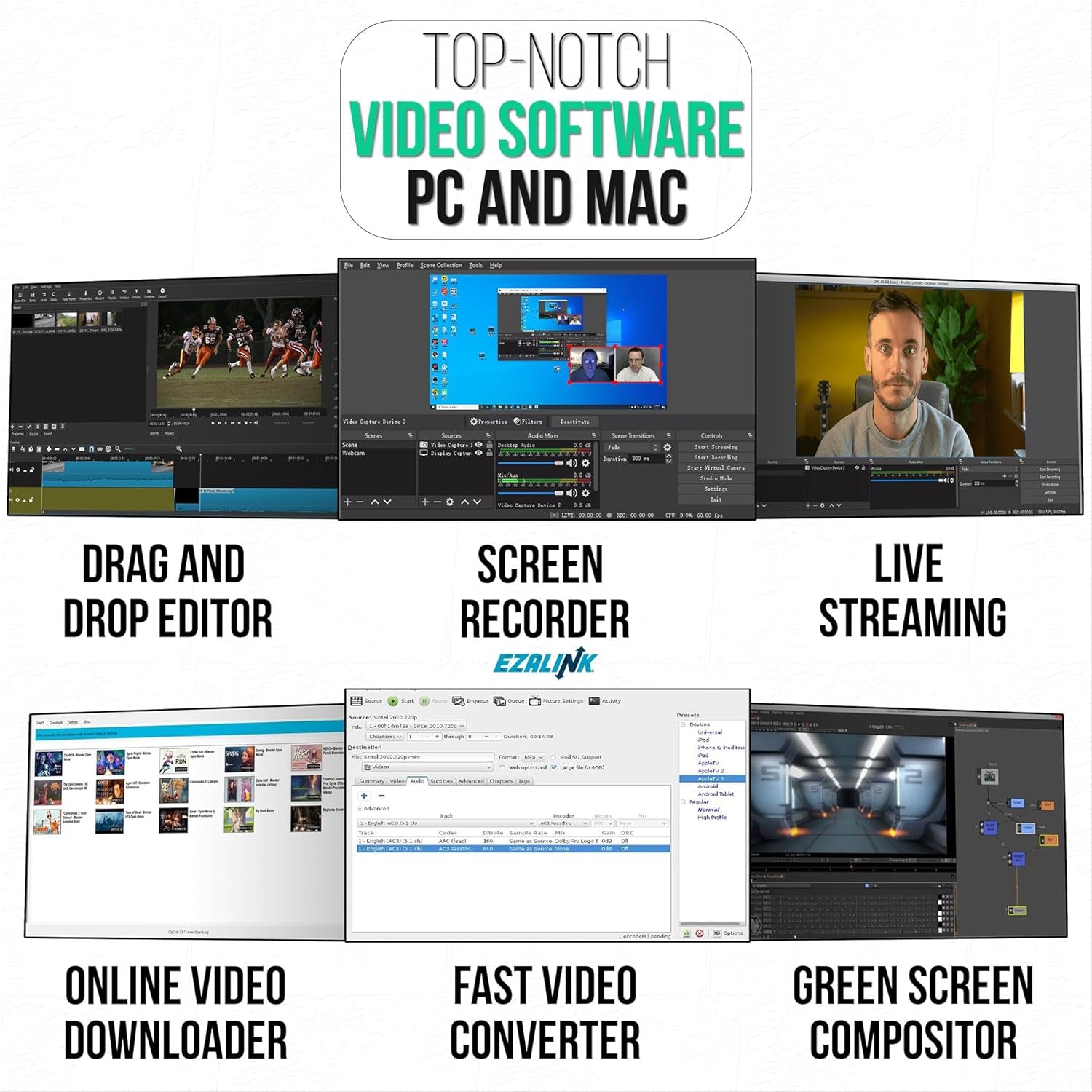 Video Editing Software Pack | Editor, Youtube Downloader, MP3 MP4 Converter, Green Screen App | 10K Transitions for Premiere Pro and Sound Effects | Windows and Mac 32GB USB