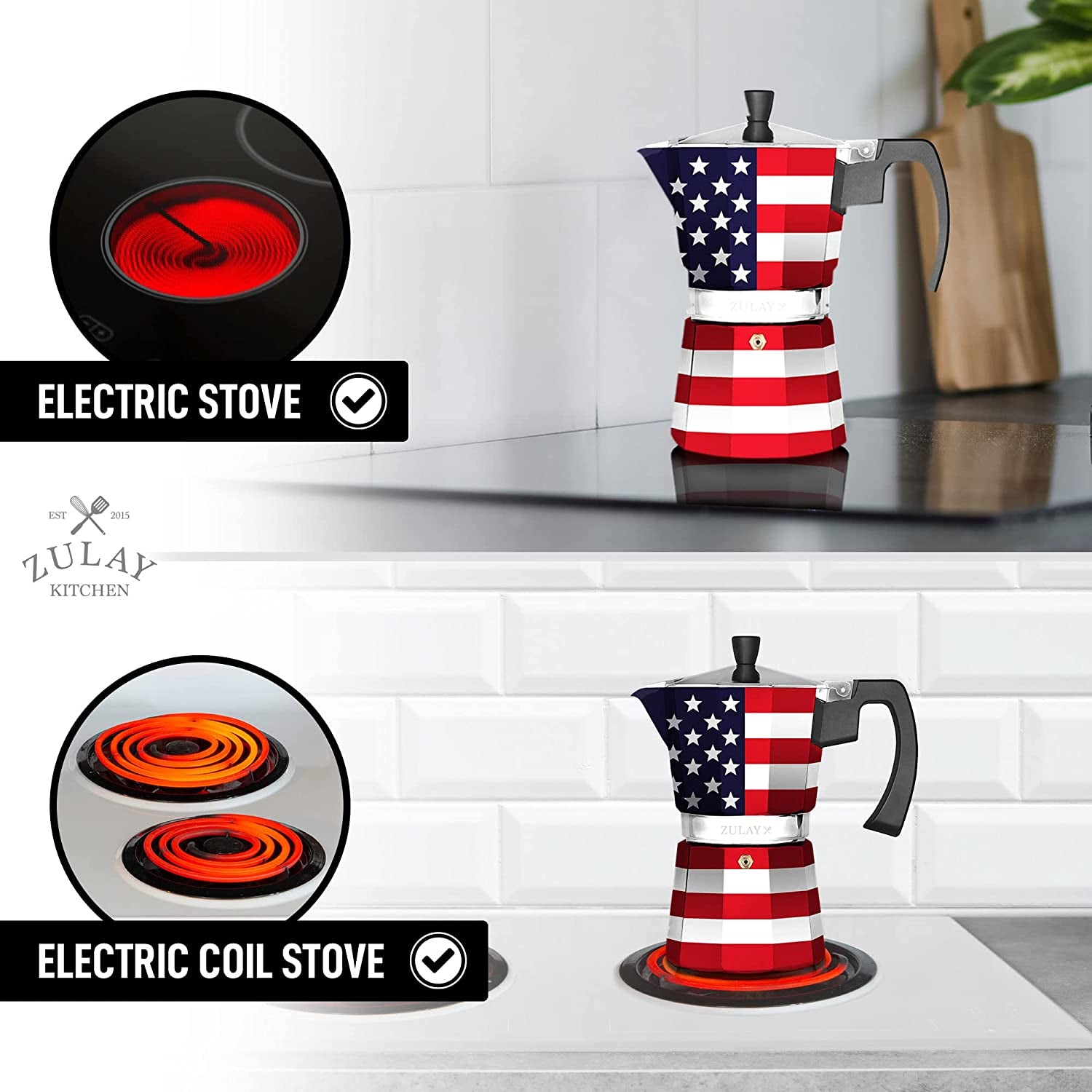 Zulay Classic Stovetop Espresso Maker for Great Flavored Strong Espresso, Classic Italian Style 3 Espresso Cup Moka Pot, Makes Delicious Coffee, Easy to Operate & Quick Cleanup Pot (American Flag)
