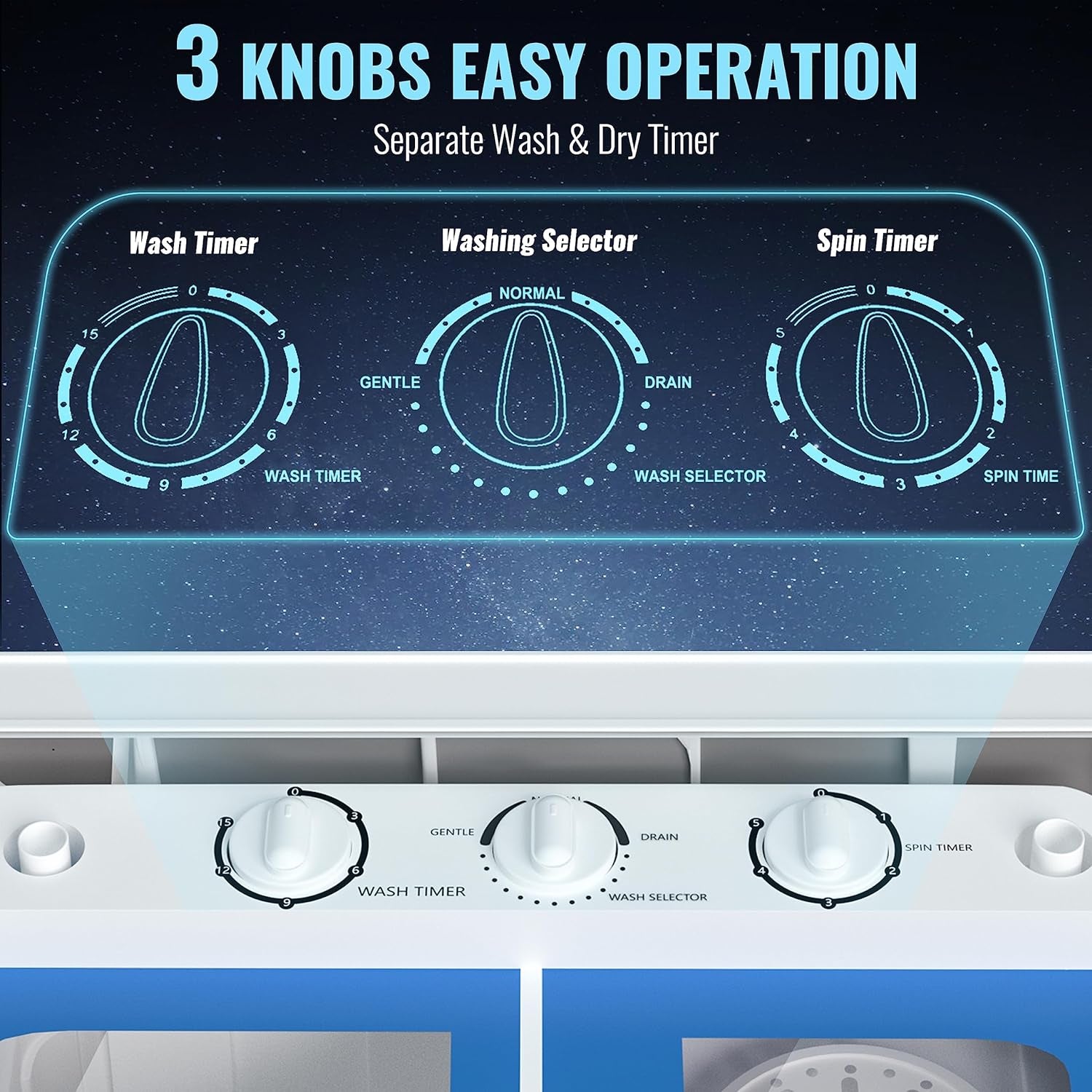 21.6 LBS Portable Washing Machine, 2 in 1 Mini Compact Twin Tub Washer and Spin Dryer with Built-In Gravity Drain Time Control, 9 Lbs Spinner Load Capacity for Home/Apartment/Dorms/Rv(Blue)