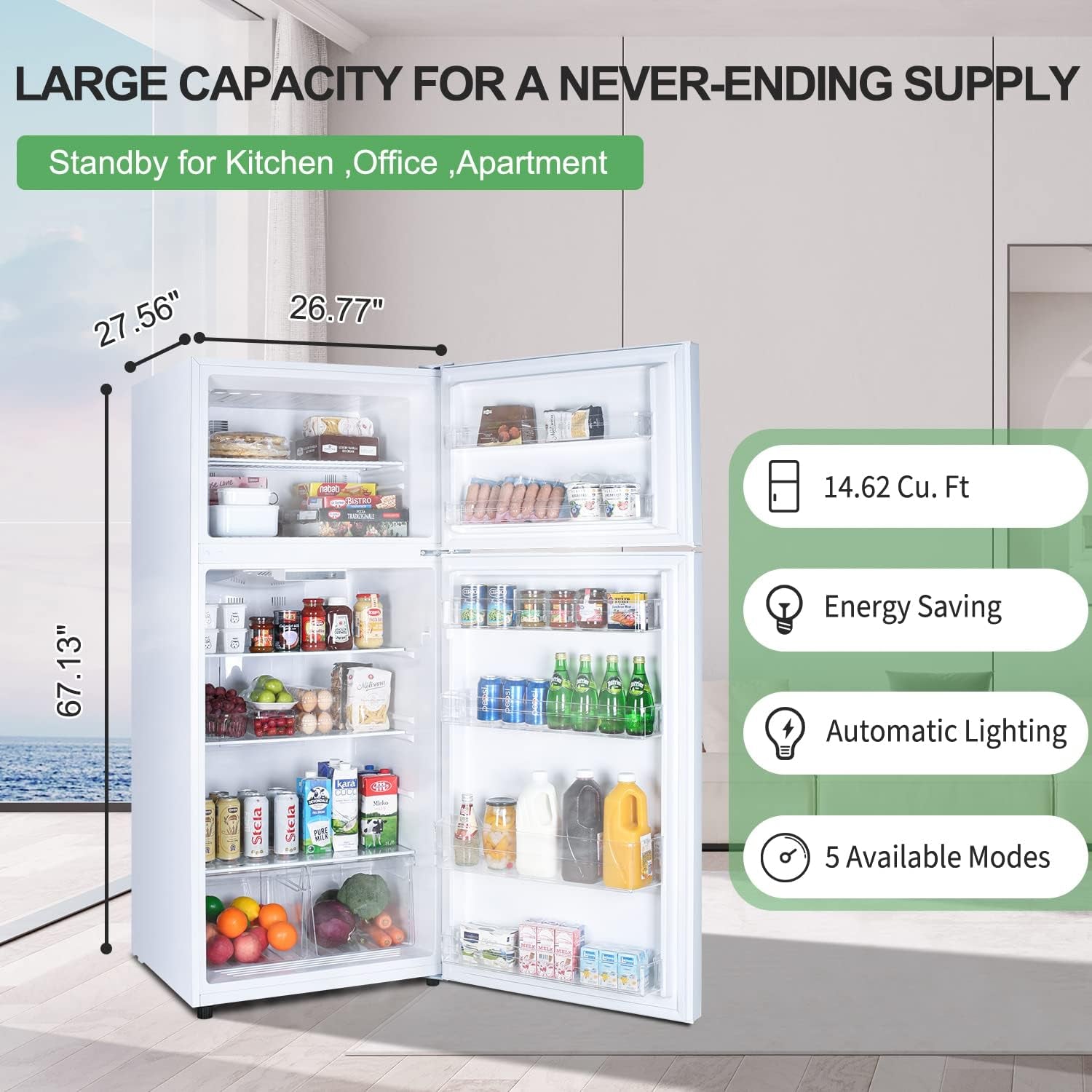 14.6 CU' Refrigerator with Freezer, Apartment Size Refrigerator Top Freezer, 2 Door Fridge with Adjustable Thermostat Control, Freestanding, Door Swing, White (FR 1462 WH)