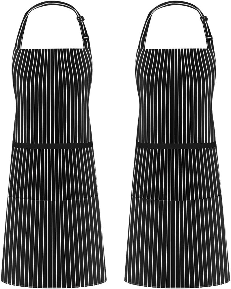 2 Pack Adjustable Bib Apron Thicker Waterdrop Resistant with 2 Pockets Cooking Kitchen Aprons for Women Men Chef, Pinstripe Black White