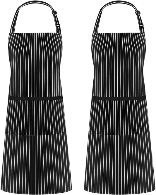 2 Pack Adjustable Bib Apron Thicker Waterdrop Resistant with 2 Pockets Cooking Kitchen Aprons for Women Men Chef, Pinstripe Black White