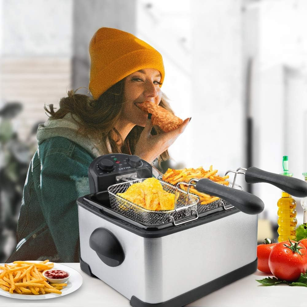 1700-Watt Stainless-Steel Triple Basket Electric Deep Fryer with Timer Free Extra Odor Filter, 4L/17-Cup