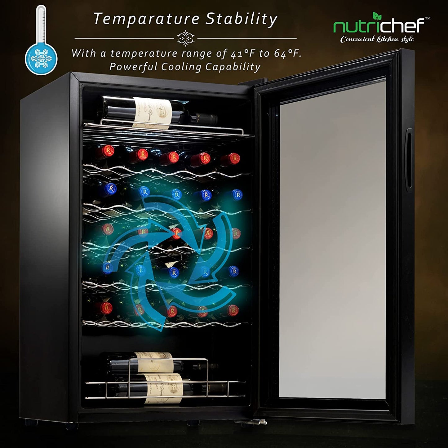 34 Bottle Compressor Wine Cooler Refrigerator Cooling System | Large Freestanding Wine Cellar Fridge for Red and White Champagne or Sparkling, Black Glass Door