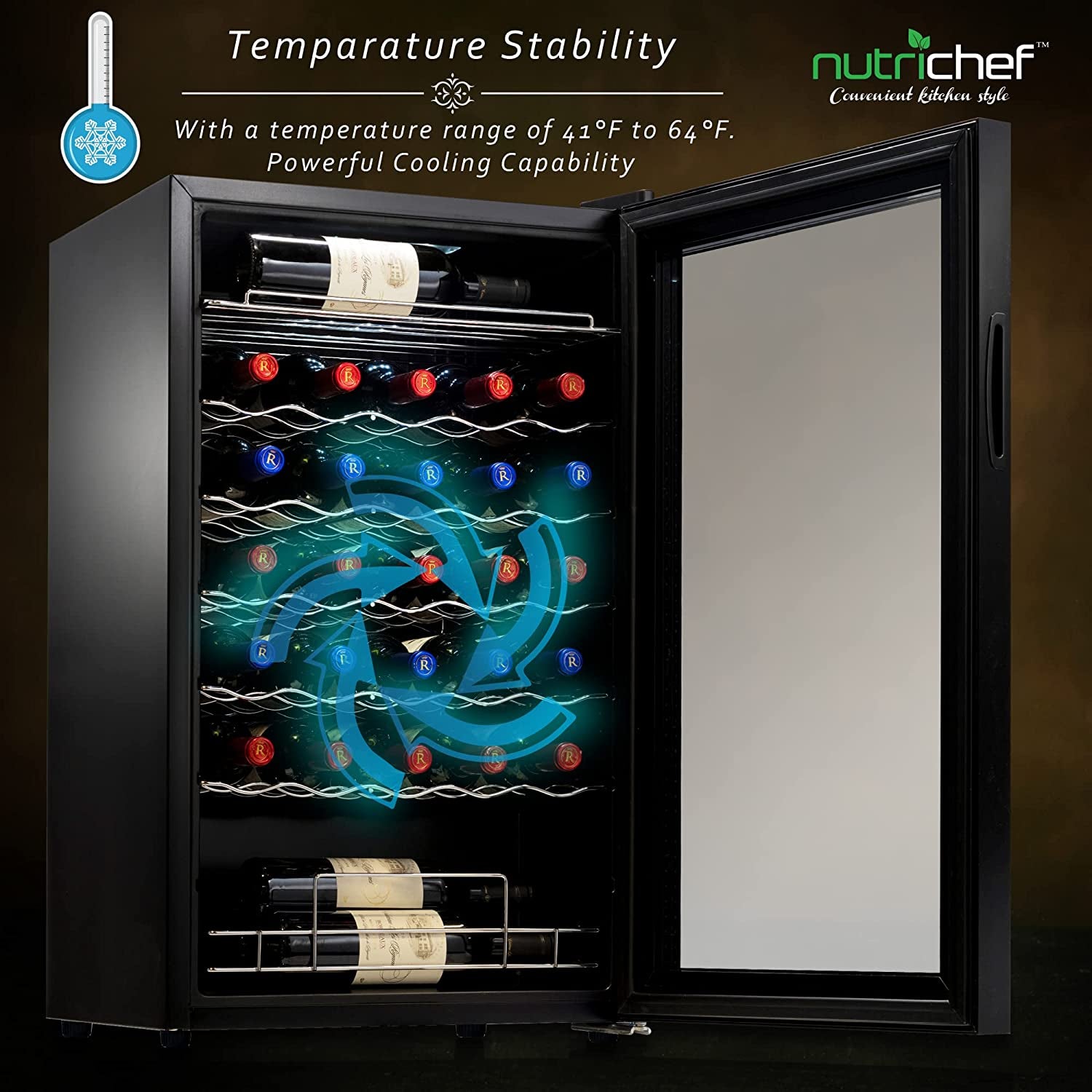 34 Bottle Compressor Wine Cooler Refrigerator Cooling System | Large Freestanding Wine Cellar Fridge for Red and White Champagne or Sparkling, Black Glass Door