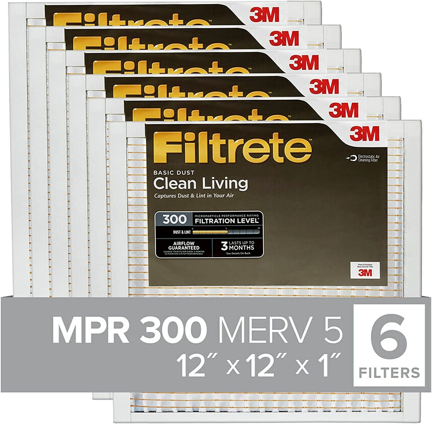 12X12X1 Air Filter, MPR 300, MERV 5, Clean Living Basic Dust 3-Month Pleated 1-Inch Air Filters, 6 Filters