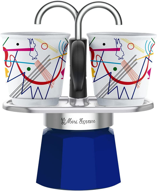 - Mini Express Kandinsky: Moka Set Includes Coffee Maker 2-Cups (2.8 Oz) + 2 Shot Glasses, Light Blue, Aluminum