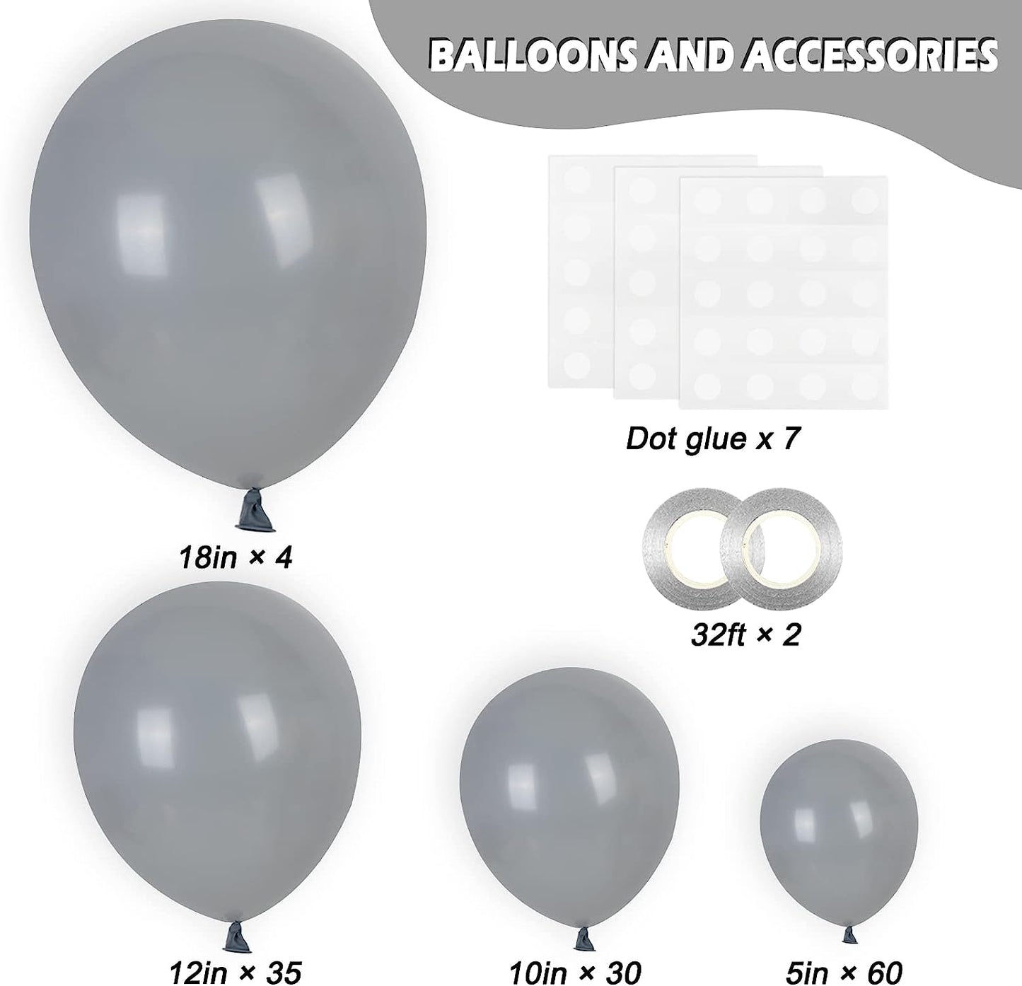129Pcs Gray Balloons Latex Balloons Different Sizes 18 12 10 5 Inches Matte Gray Party Balloon Kit for Birthday Party Graduation Baby Shower Wedding Holiday Balloon Decoration