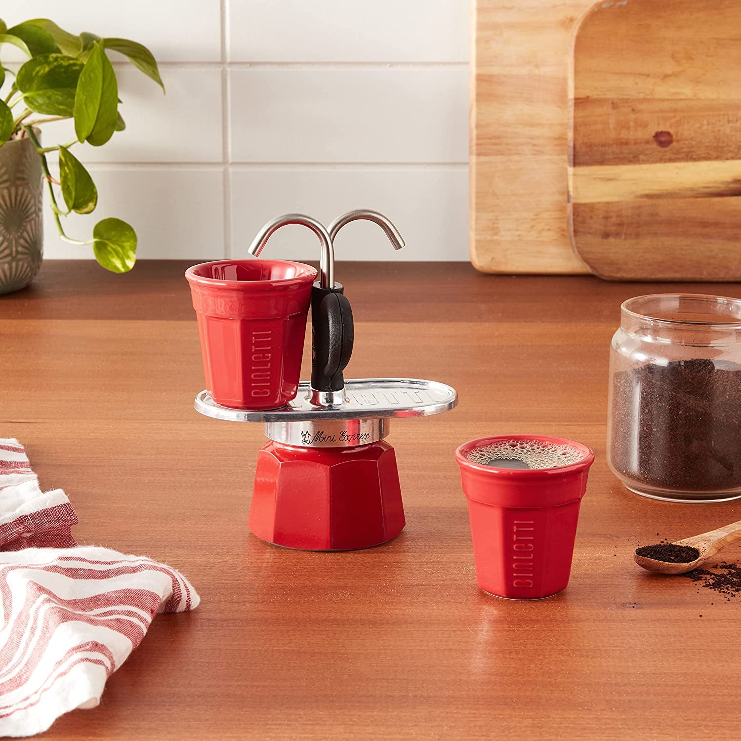 - Mini Express Color: Moka Set Includes Coffee Maker 2-Cup (2.8 Oz) + 2 Shot Glasses, Red, Aluminium