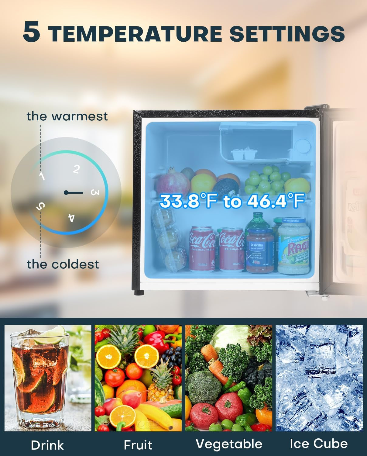 1.7 Cu.Ft Mini Fridge with Freezer, Adjustable Thermostat, Energy Saving, Low Noise, Single Door Compact Refrigerator for Dorm, Office, Bedroom, Black-Fr17