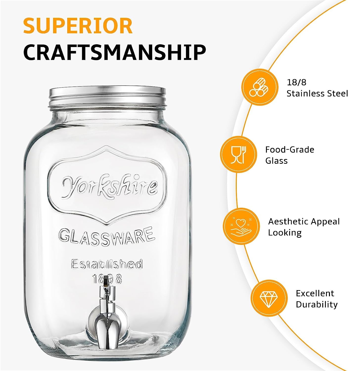 2 Gallon Glass Beverage Dispenser with Stand and Lid, 18/8 Stainless Steel Spigot - Glass Drink Dispensers for Parties - Mason Jar Drink Dispensers with Lids