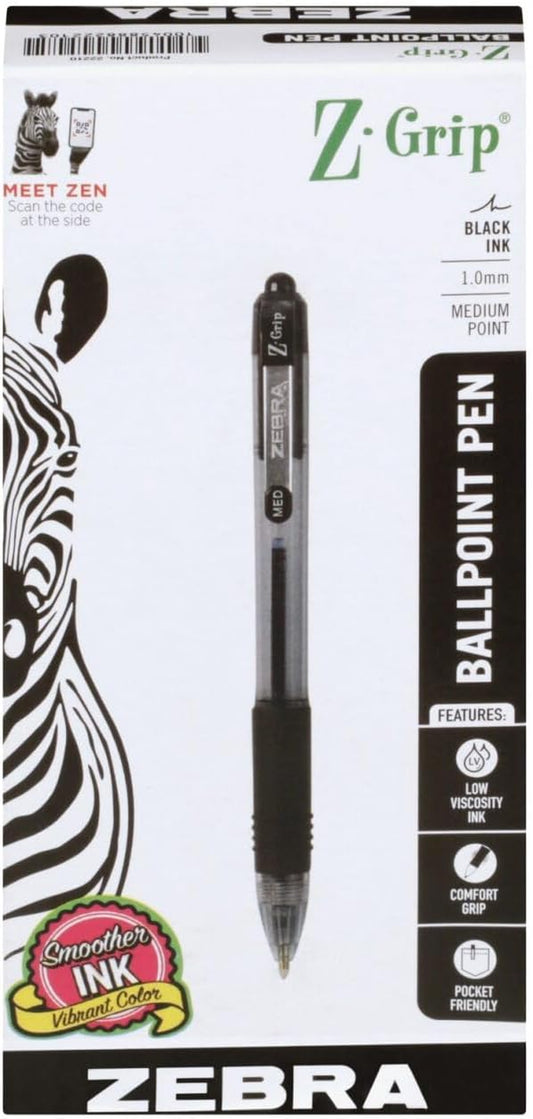 Z-Grip™ Retractable Ballpoint Pens, Medium Point, 1. Mm, Clear Barrel, Black Ink, Pack of 12
