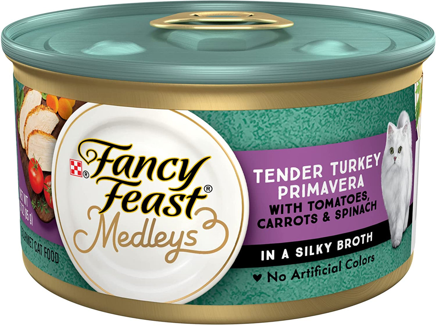 Wet Cat Food, Medleys Tender Turkey Primavera with Tomatoes, Carrots and Spinach in Broth - (24) 3 Oz. Cans