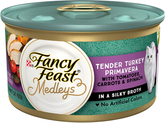Wet Cat Food, Medleys Tender Turkey Primavera with Tomatoes, Carrots and Spinach in Broth - (24) 3 Oz. Cans