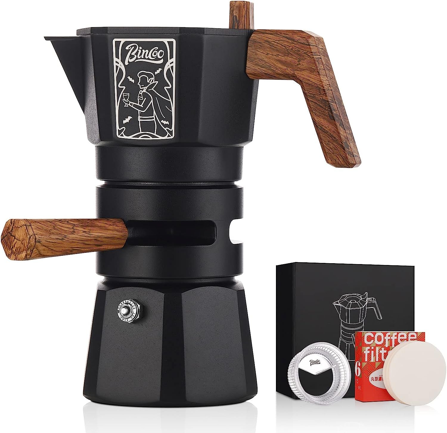 120ML/2 Cup Stovetop Espresso Maker Double Valve Moka Pot with Thermostat Extractor Prevent Over-Extraction,Italian Espresso Moka Pot with Powder Dispenser and Filter Paper for Home(Black)