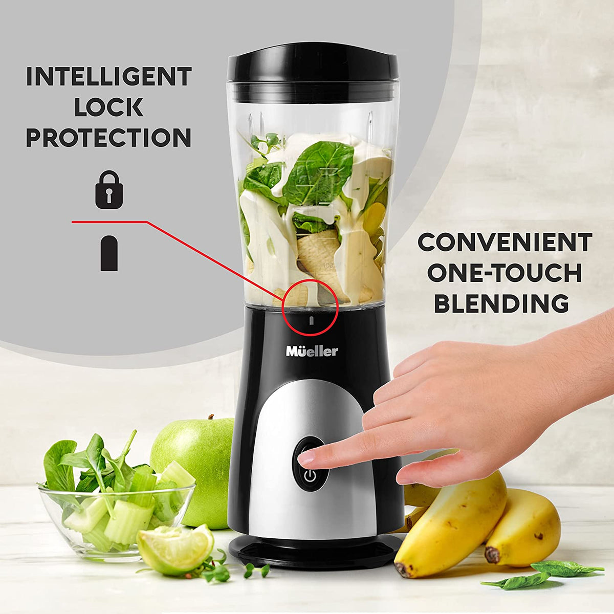 Mueller Ultra Bullet Personal Blender for Shakes and Smoothies with 15 Oz Travel Cup and Lid, Juices, Baby Food, Heavy-Duty Portable Blender & Food Processor, Black