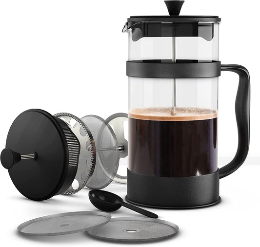 - French Press Coffee Maker, Espresso Tea and Coffee Maker with Triple Filters 34 Ounce, Stainless Steel Plunger and Heat Resistant Borosilicate Glass - Black