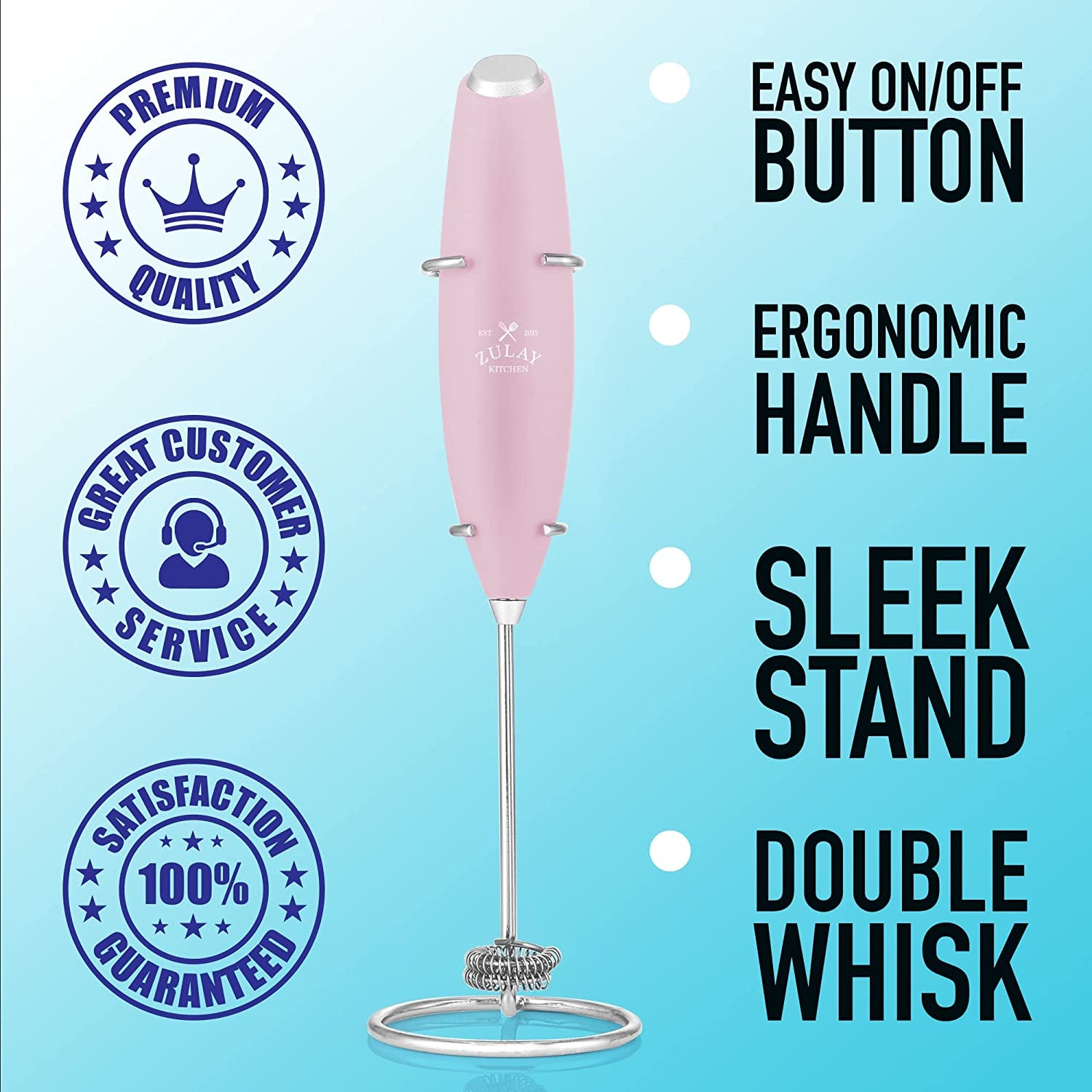 Zulay Double Whisk Milk Frother Handheld- High Powered for Coffee with Improved Motor - Electric Drink Mixer for Cappuccino, Frappe, Matcha & More, (Cotton Candy)