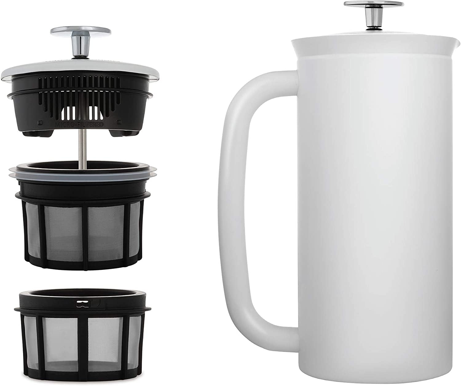 - P7 French Press - Double Walled Stainless Steel Insulated Coffee and Tea Maker with Micro-Filter - Keep Drinks Hotter for Longer, Perfect for Home (Matte White, 32 Oz)