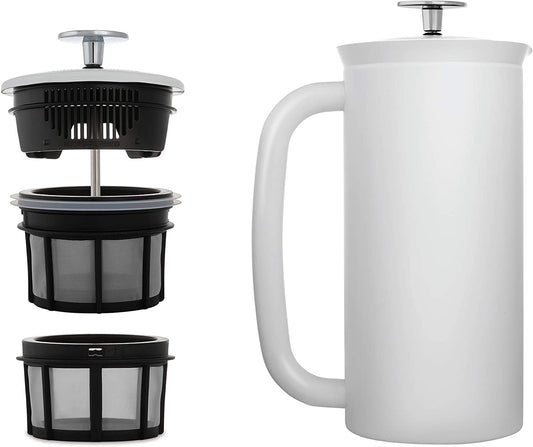 - P7 French Press - Double Walled Stainless Steel Insulated Coffee and Tea Maker with Micro-Filter - Keep Drinks Hotter for Longer, Perfect for Home (Matte White, 32 Oz)