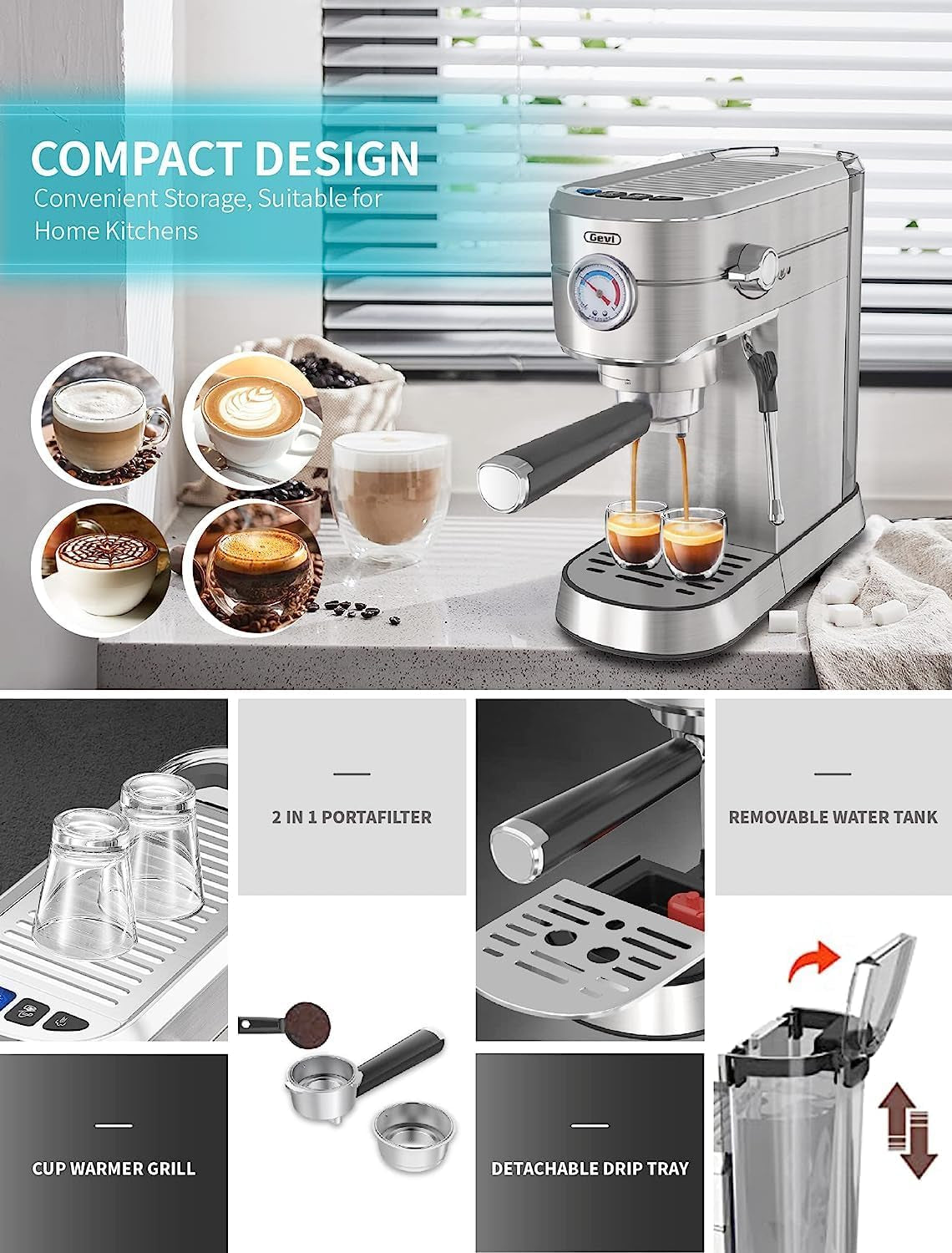 20 Bar Compact Professional Espresso Coffee Machine with Milk Frother/Steam Wand for Espresso, Latte and Cappuccino, Stainless Steel, 35 Oz Removable Water Tank