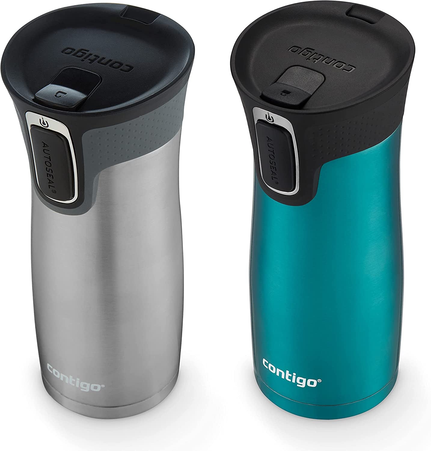 West Loop Stainless Steel Vacuum-Insulated Travel Mug with Spill-Proof Lid, Keeps Drinks Hot up to 5 Hours and Cold up to 12 Hours, 16Oz 2-Pack, Spirulina & Steel