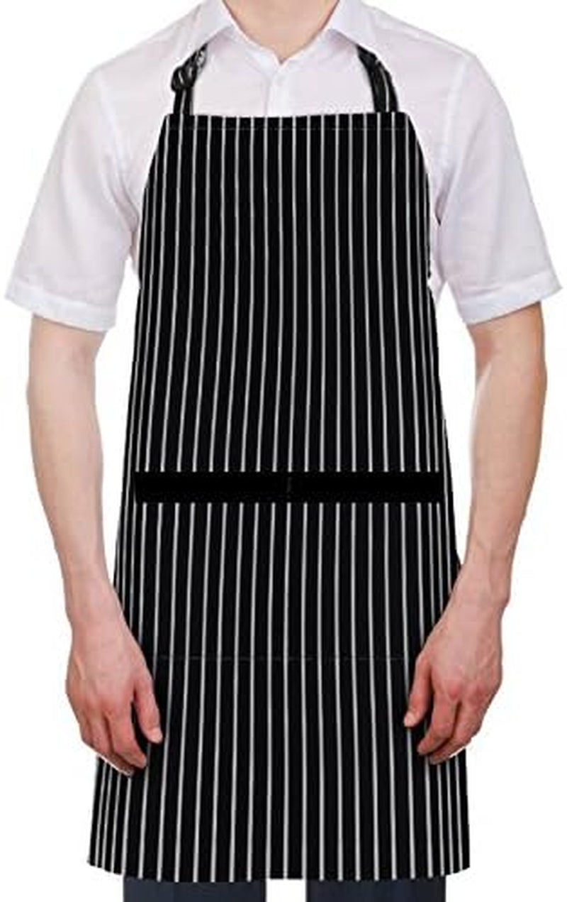 2 Pack Adjustable Bib Apron Thicker Waterdrop Resistant with 2 Pockets Cooking Kitchen Aprons for Women Men Chef, Pinstripe Black White