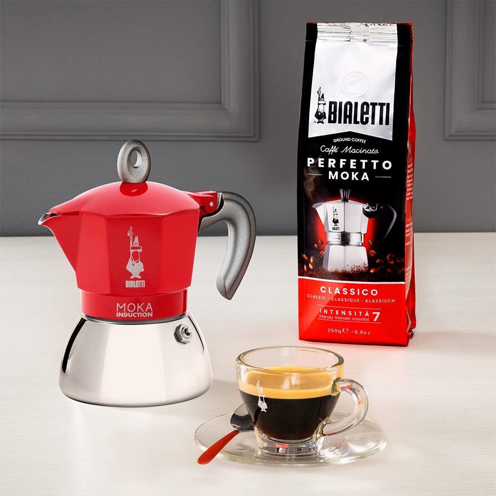 - Moka Induction, Moka Pot, Suitable for All Types of Hobs, 4 Cups Espresso (5.7 Oz), Red