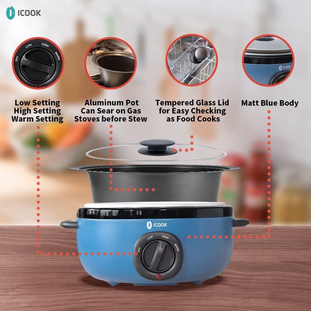 USC-65-OP001BL 6.5 Quart Slow Cooker,Aluminium Sear/Sauté Stew Pot Stovetop Safe,Dishwasher Safe,Glass Lid,Adjustable Temp,Food Warmer,Blue