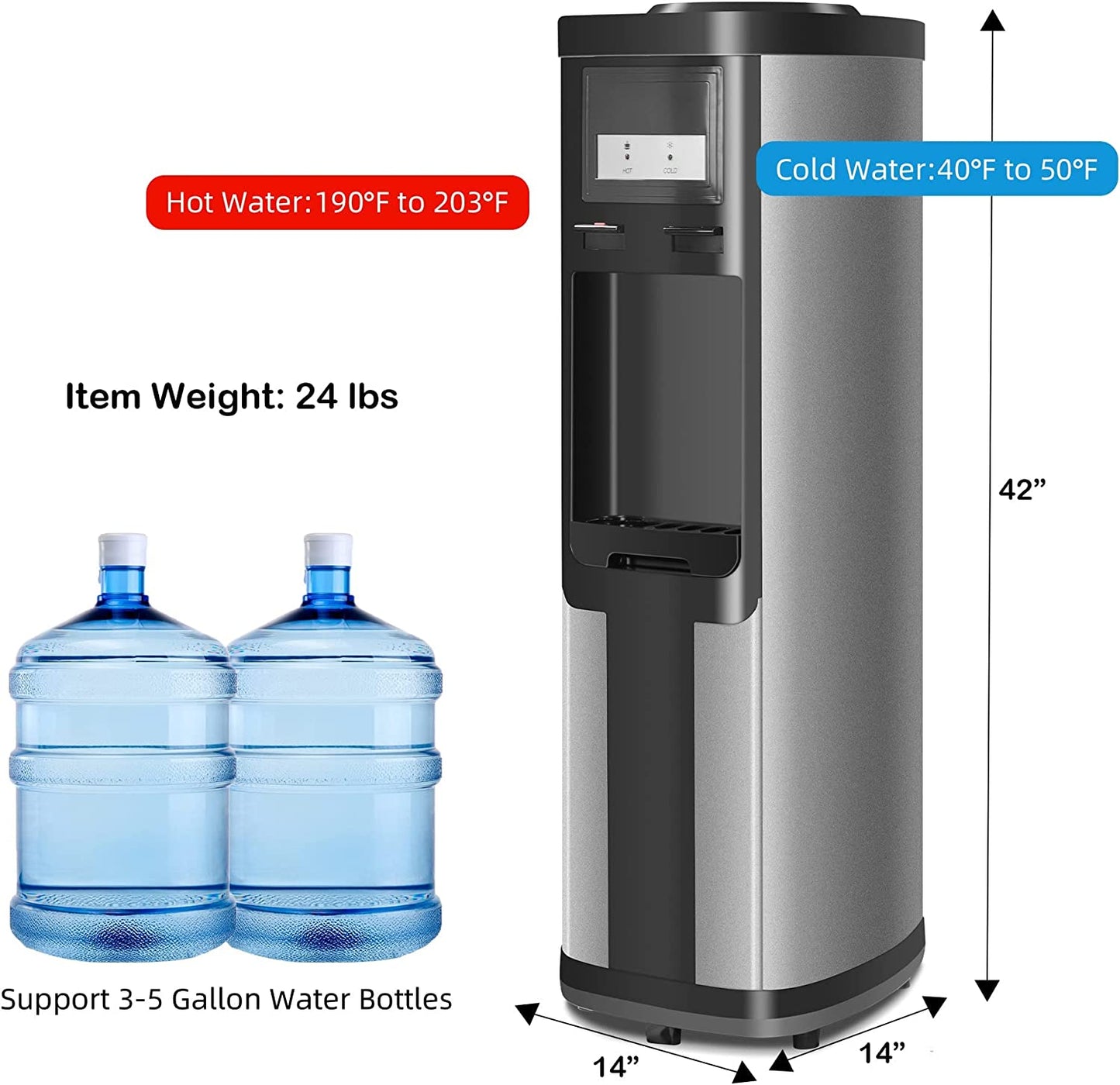 Water Cooler Dispenser, 5 Gallon Top Loading Water Cooler Water Dispenser, 2 Temps (Hot & Cold), Quiet, Black and Stainless Steel, ETL Listed, Child Safety Lock