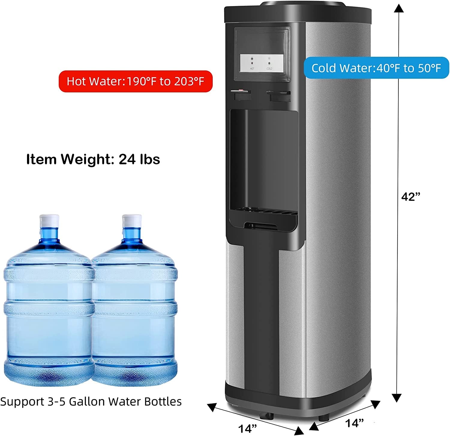 Water Cooler Dispenser, 5 Gallon Top Loading Water Cooler Water Dispenser, 2 Temps (Hot & Cold), Quiet, Black and Stainless Steel, ETL Listed, Child Safety Lock